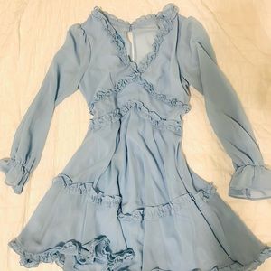 B. Darlin Long Sleeve Baby Blue Ruffle Detail A-Line Romantic Dress